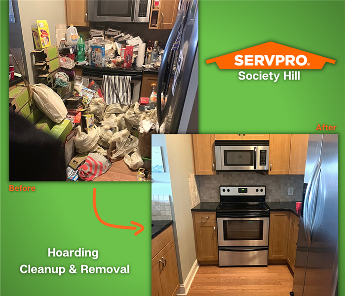 Side by side photos show before and after a hoarding cleanup in a kitchen in the Philadelphia neighborhood of Society Hill.